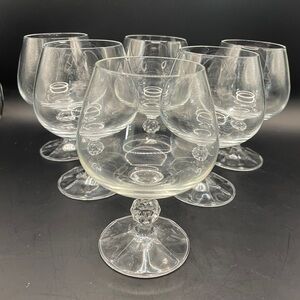 Set of 6 Vintage Crystal Brandy Snifters Faceted Diamond Stem Cognac Glasses